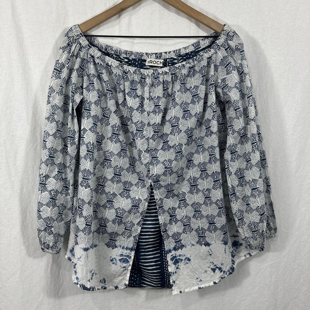 St. Roche Blue Coastal Off Shoulder Split Front Beachy Resortwear Top Womens S